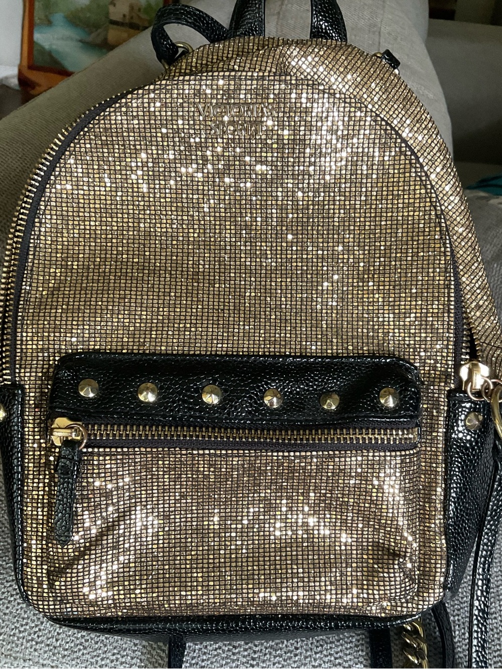 Victoria's Secret Gold Sparkle Mesh Small City Mini Backpack Studded Black